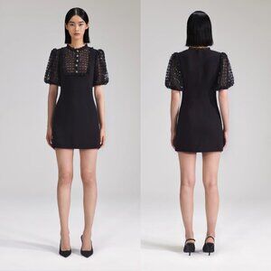 Self-Portrait Mini Dress Black Crepe LBD Puff Sleeves Lace Embellished Bib Sz 6